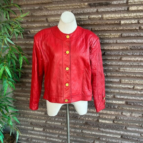 Siena Studio for Audrey Jones Vintage Red Quilted Leather Cropped Jacket Size 2X - Picture 11 of 12